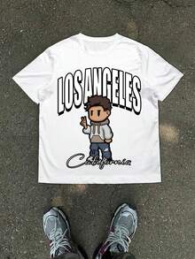 Manfinity Hypemode 男士圆领短袖简约印花 T 恤，休闲日常穿着 - 白色 - 查看 4