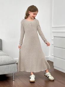 SHEIN Leap Crew Tween Girls Fitted Casual Crew Neck Button Front Long Sleeve Minimalist Waist A-Line Dress - Apricot - View 5