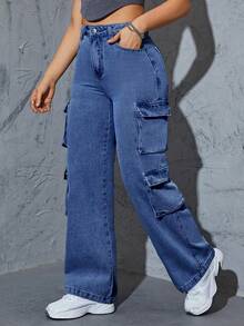 Plus Size Women's Y2K Street Style Multi-Pocket Cargo Straight Leg Jeans Casual Spring - Dark Wash - View 5