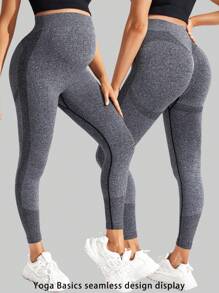 SHEIN Yoga Pregnant Women's High-Waist Daily Casual Sports Exercise Leggings Gray Seamless Design Hip Lift And Belly Support, For Maternity - Black - View 1