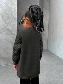 Young Girl Deep Pink Solid Color Fashionable Casual Cute Soft Simple Warm Versatile Elegant  Long Sleeve Midi Knit Cardigan Suitable For Casual Wear, School, Outings, Parties, Autumn/Winter - Black - View 2