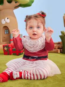 SHEIN Conjunto de pantalones a rayas de Navidad informales para niñas bebé - Rojo y blanco - Ver 4