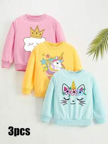 SHEIN Young Girl Cartoon Print Round Neck Long Sleeve Simple Sweatshirt, Casual Everyday Wear