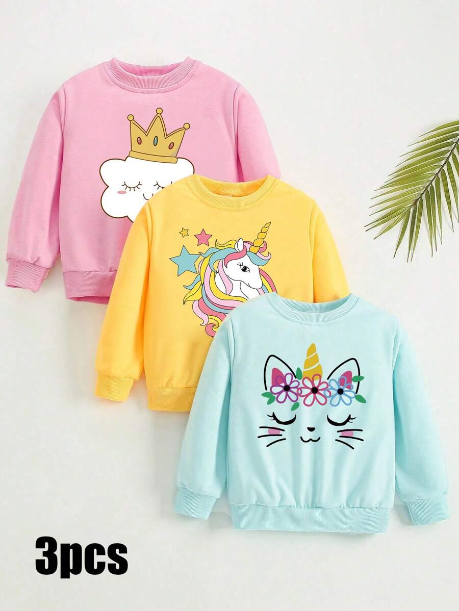 SHEIN Young Girl Cartoon Print Round Neck Long Sleeve Simple Sweatshirt, Casual Everyday Wear