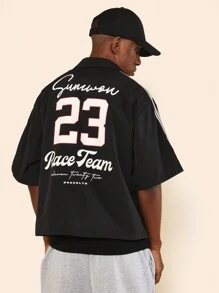 SUMWON Boxy Fit Revere Collar Nylon Shirt With Letter & Number Graphic Print - Black - View 1