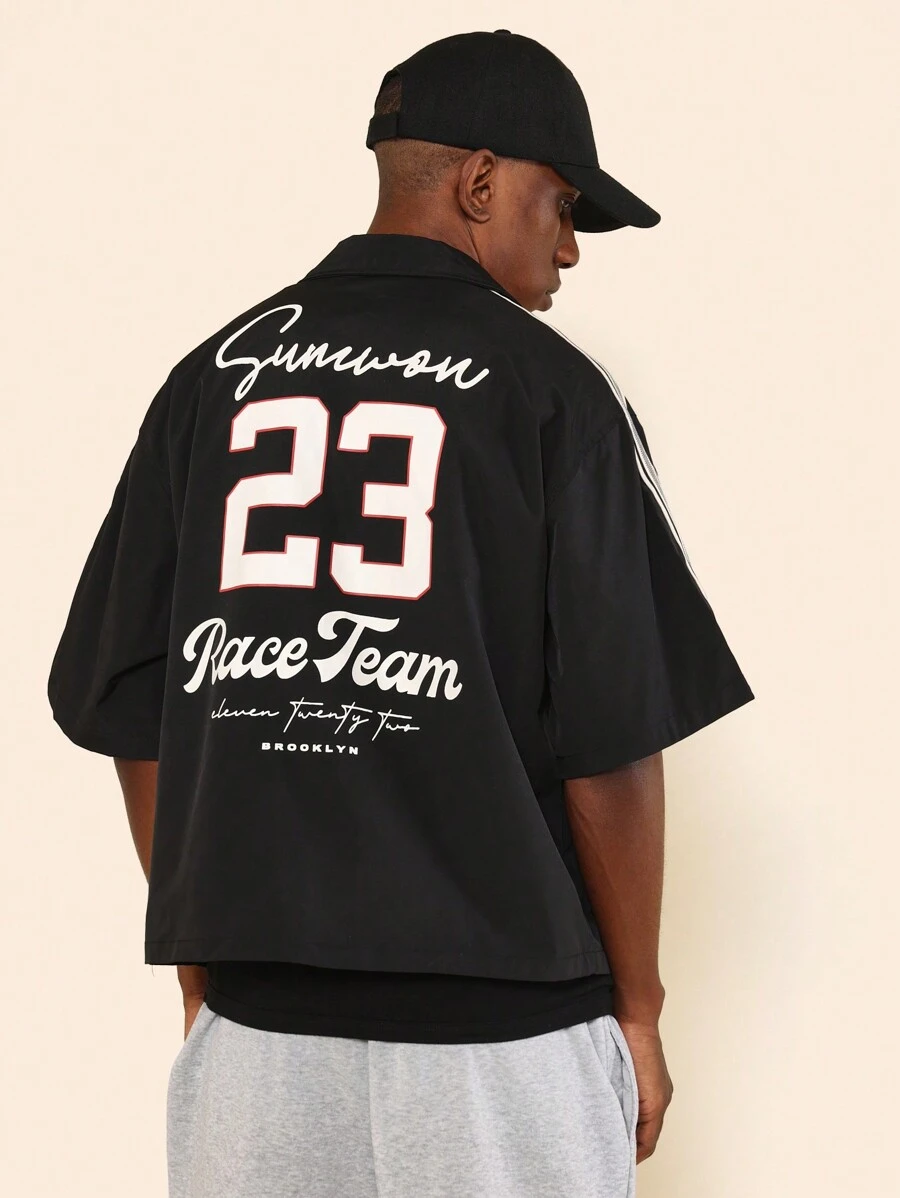 SUMWON Boxy Fit Revere Collar Nylon Shirt With Letter & Number Graphic Print - Black - View 1
