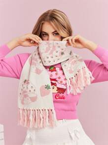 Strawberry Shortcake X SHEIN 卡通人物草莓图案针织粉色加厚保暖流苏围巾，礼品创意