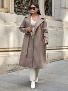 SHEIN Cottnline معطف طويل مزدوج الصدر مربوط الخصر للنساء ذوات الحجم الكبير - بيج - مشاهدة 1