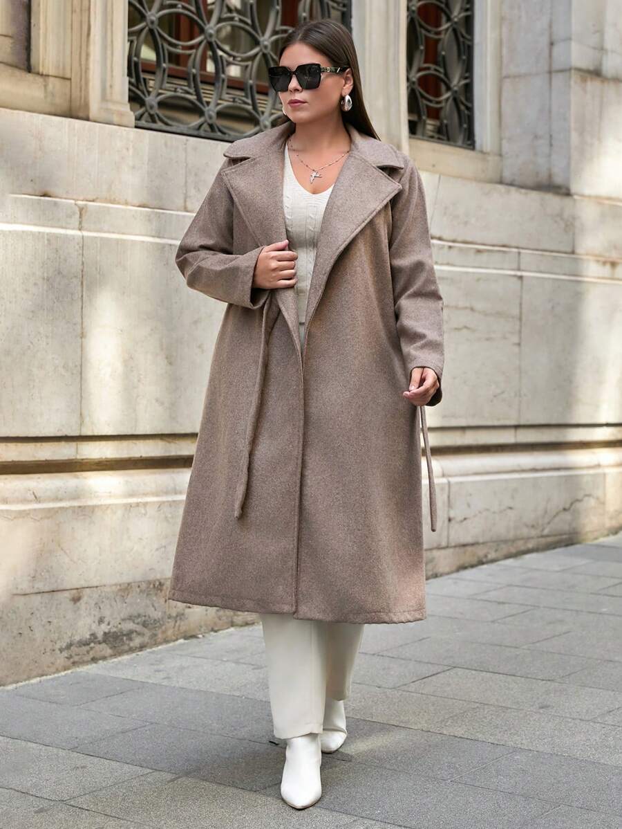 SHEIN Cottnline معطف طويل مزدوج الصدر مربوط الخصر للنساء ذوات الحجم الكبير - بيج - مشاهدة 1