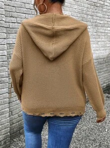 Calvaya Plus Size Women's Solid Color Simple Casual Hooded Cardigan - Khaki - View 2