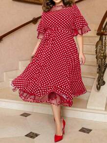 SHEIN Clasi Plus Size Women's Summer Polka Dot Print Mesh Splice Crew Neck Half Sleeve Elegant Dress - Red - View 5