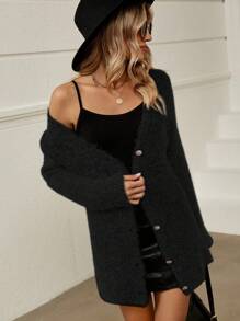 SHEIN Clasi Women's Casual Solid Color Fuzzy Cardigan, Fall/Winter - Black - View 3