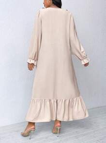 SHEIN LUNE 大码女式春秋纯色荷叶边 V 领长袖连衣裙超长女装