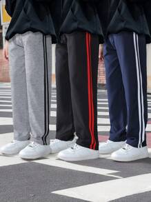 SHEIN 3 件套年轻男孩休闲复古简约双条纹织带拼布口袋运动裤街头潮流裤子 - 彩色 - 查看 1