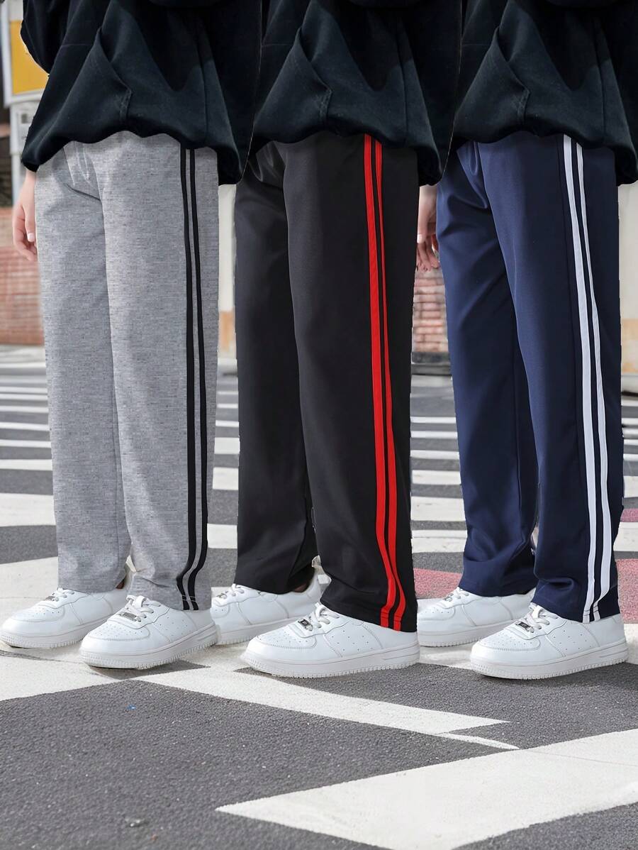 SHEIN 3 件套年轻男孩休闲复古简约双条纹织带拼布口袋运动裤街头潮流裤子 - 彩色 - 查看 1