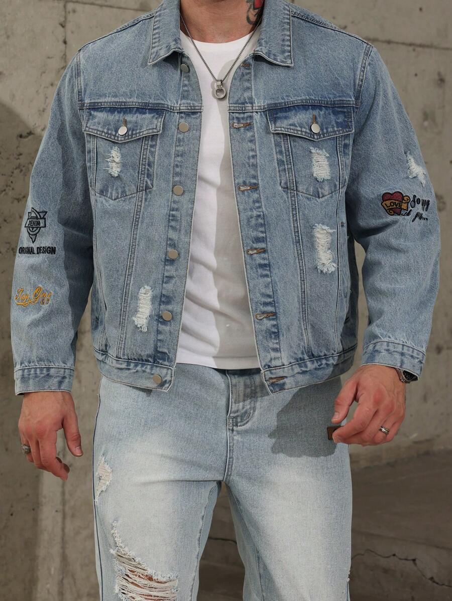 Manfinity Homme Plus Size Men's Spring/Autumn Basic Letter Print Distressed Long Sleeve Casual Denim Jacket, For Husband, Work - Light Wash - View 1