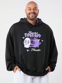 Manfinity VCAY Plus Size Men Loose Letter Print Hooded Long Sleeve Sweatshirt