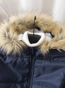 SHEIN Leap Crew 1 件 Tween 男童休闲连帽保暖加厚棉衣，适合秋冬季户外、学校、聚会、百搭 - 藏蓝色 - 查看 4