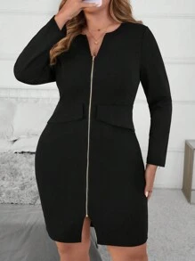 SHEIN Clasi Vestido de manga larga con cierre de cremallera de metal negro ajustado, atuendo de otoño para maestros de talla grande - Negro - Ver 4