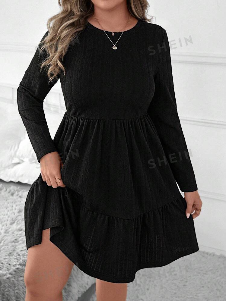SHEIN Clasi Plus Size Women Black Knit Textured Swing Dress For Fall