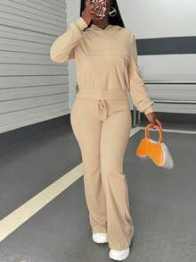 SHEIN Slayr 2 件装女士纯色长袖连帽上衣，带口袋和抽绳腰裤休闲套装 - 卡其色 - 查看 3