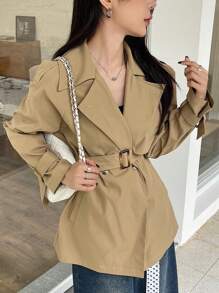 DAZY Solid Color Women Belted Long Sleeve Casual Trench Coat,Fall Clothes Women Jacket - Khaki - View 6
