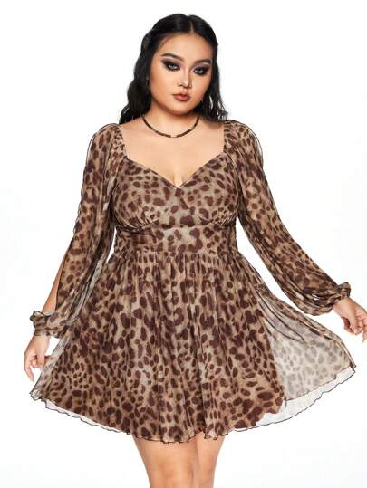 Hippie فستان كاجوال بأكمام طويلة وياقة على شكل قلب مع طبعة نمر المقاس الكبير