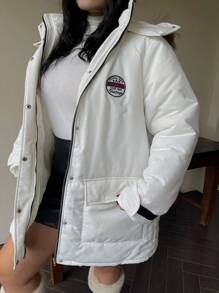 Flirla Plus Size Thermal White And Black Colorblock Fluffy Button Hooded Casual Padded Padded Coat Clothes Winter - White - View 6