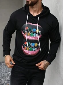 Manfinity EMRG Men's Autumn/Winter Lip Print Drawstring Hooded Sweatshirt, Graphic Sweatshirt, Winter Men Clothes - Black - View 3