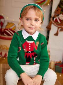 SHEIN 男童秋冬时尚卡通圣诞图案长袖柔软提花针织套头毛衣，可爱保暖内搭毛衣，适合秋冬季节穿着 - 綠色 - 查看 4
