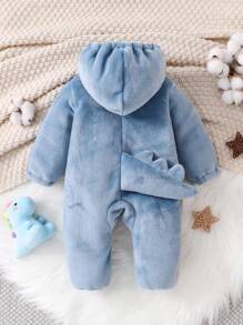 SHEIN 婴儿男孩灰蓝色可爱恐龙刺绣羊毛长袖连帽连体衣 - 彩色 - 查看 2