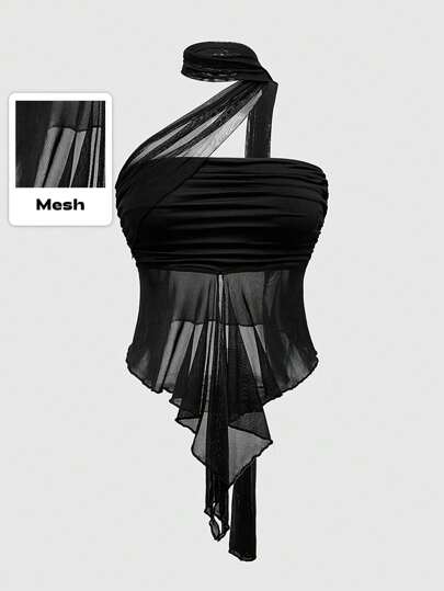 Goth Plus Size Summer Sexy Modern Contrast Mesh Scarf Halter Top