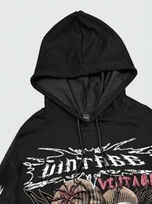ROMWE MEN Street Life Men's Retro Slogan & Portrait Print Hoodie, Street Style - Black - View 4