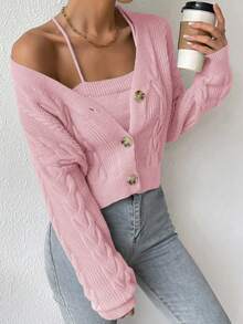 SHEIN Unity Bộ 2 áo len cardigan dài tay trễ vai màu trơn thời trang thu đông cho nữ và áo hai dây - Hồng - Xem 4