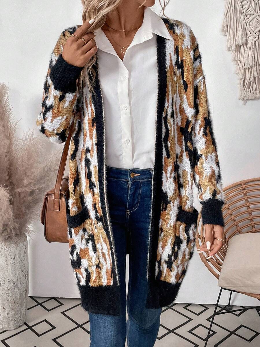 SHEIN LUNE Women's Loose Casual Cardigan With Pockets, Long Sleeve, All-Over Print, Autumn/Winter Fall Cloth For Women - Multicolor - View 1