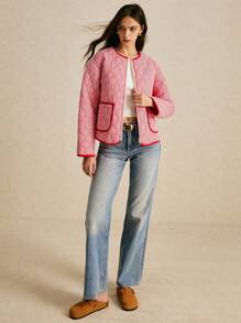 Poéselle Loose Fit Pocket Winter Coat, Striped Printed Contrast Binding, Versatile And Casual