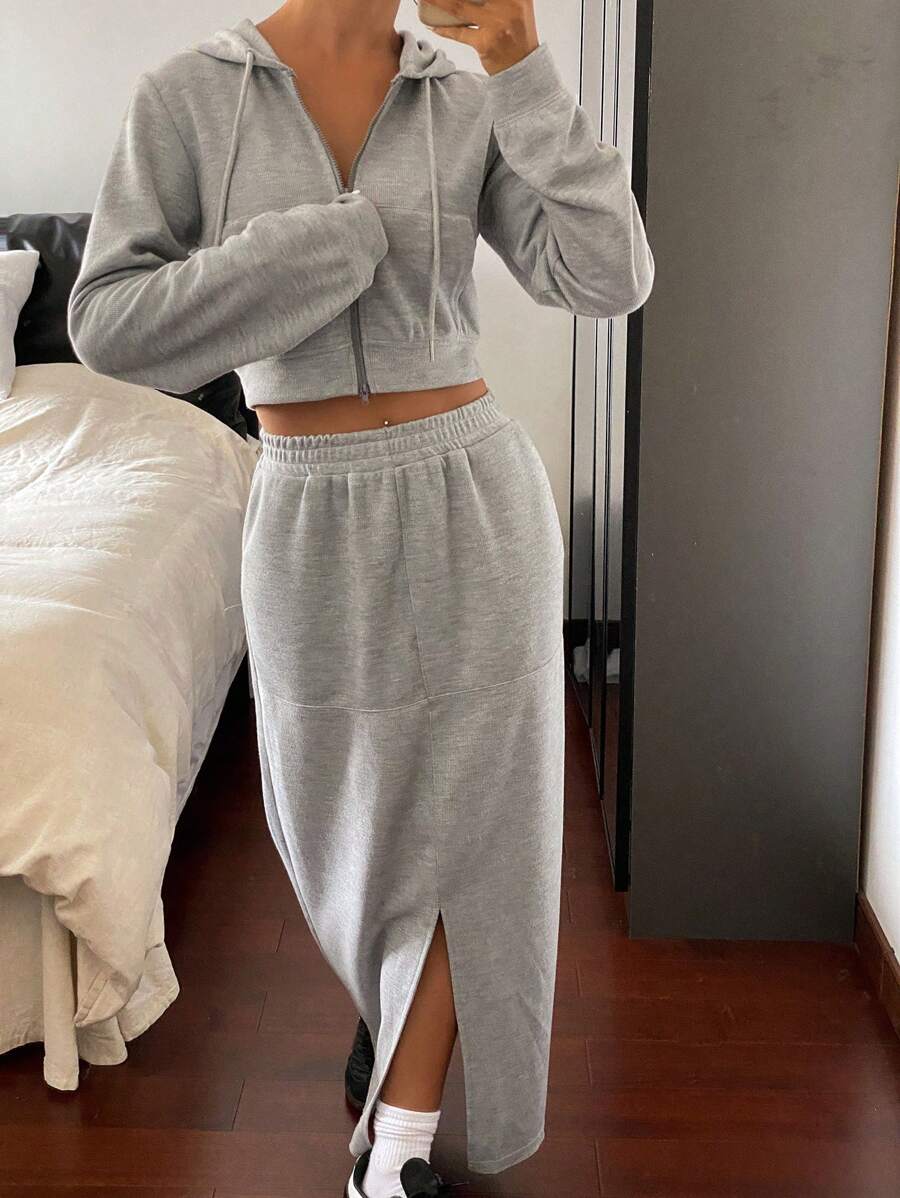 DAZY 2pcs/Set Women Solid Color Hoodie With Fitted Mini Skirt,Fall Women Clothes - Grey - View 1