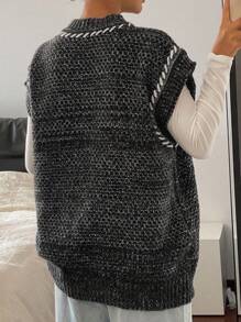 DAZY Chaleco de punto holgado de cuello redondo sin mangas con rayas de colores contrastantes para mujer, otoño e invierno - Gris - Ver 2