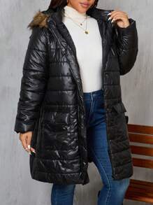 SHEIN LUNE Plus Size Winter Clothes Casual Zip-Up Hooded Padded Padded Coat With Dual Pockets And Fluffy Trim - Black - View 6