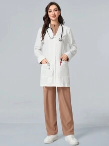 TaskEZ Front Button Closure Long Sleeve Pocket Lab Coat/White  Coat - White - View 5