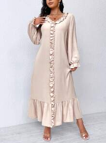 SHEIN LUNE 大码女式春秋纯色荷叶边 V 领长袖连衣裙超长女装