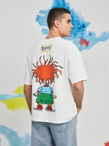 Nick 90s | SHEIN Men's Casual Cartoon Character Oversized Relaxed Fit White T-Shirt, Summer