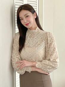 DAZY Áo cánh ren thanh lịch cổ đứng tay đèn lồng cho nữ xuân/thu - Màu Khaki - Xem 5