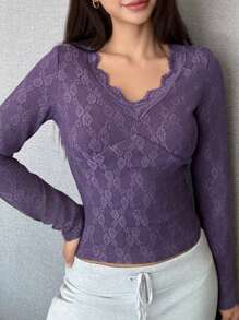 DAZY Lace Trim Fitted Sleepwear Top, Thermal Lined Fall,Winter Pajama