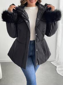 SHEIN LUNE Plus Size Solid Color Fuzzy Patchwork Front Zipper Long Sleeve Casual Padded Padded Coat Clothes Winter