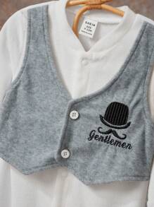 SHEIN Conjunto de pelele de manga larga con cierre de botones delanteros y aplicación de bloques de color, talla grande gorro de un solo color, para bebé niño - Multicolor - Ver 4