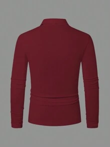Manfinity Homme 男士休闲纯色长袖 Polo 衫，春秋 - 酒紅色 - 查看 4