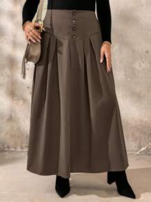 Calvaya Plus Size Solid Color Front Button Elegant Skirt, Autumn Winter Maxi Women - Rust Brown - View 8
