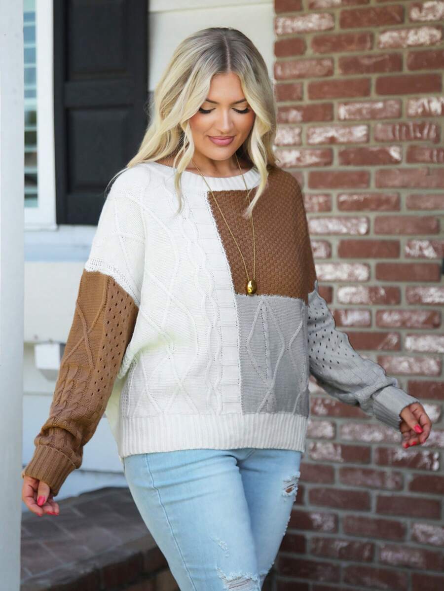 SHEIN LUNE Áo len cổ tròn chắp vá nhiều màu cỡ lớn cho nữ - Nhiều màu - Xem 1