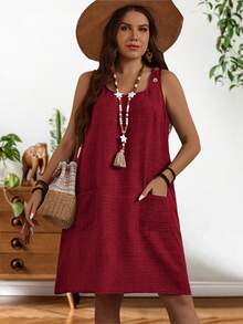 EMERY ROSE Đầm ngắn giản dị màu trơn dây đeo rộng cỡ lớn cho nữ mùa hè - Đỏ - Xem 4